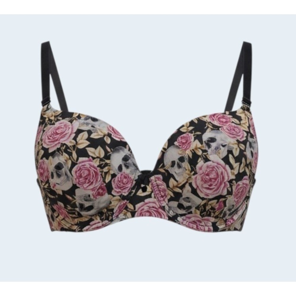 Torrid Curve 46C Bra Black Pink Rose Skull Tattoo Print Underwire Padded Plus Sz